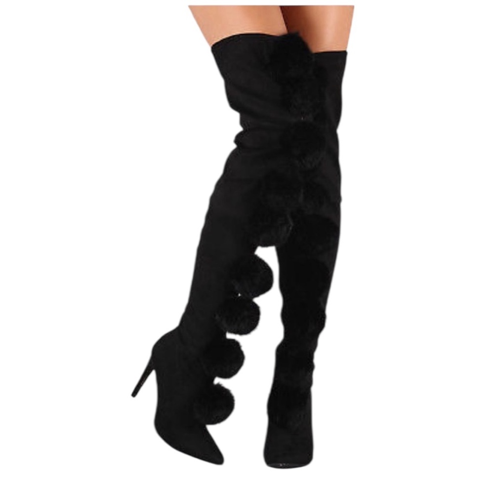 Cape Robbin Black Pom-Pom Knee-High Stiletto Boots 8.5